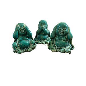 Laughing 5.5” Buddhas Set of 3 Green Hear No Evil, See No Evil and Speak No Evil